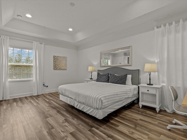 bedroom featuring a raised ceiling and wood-type flooring