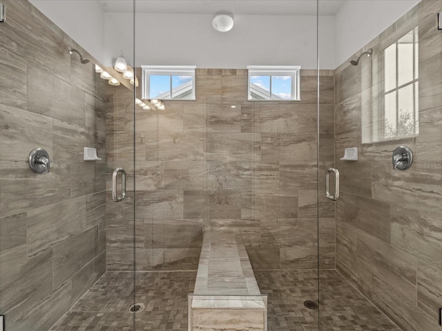 bathroom featuring a shower with shower door