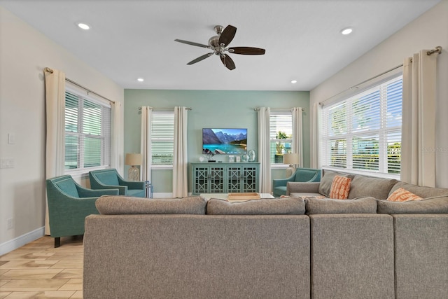 living room featuring ceiling fan