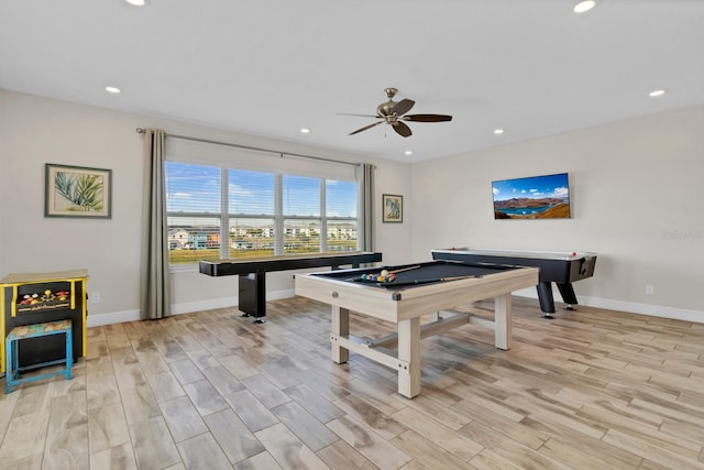 recreation room featuring ceiling fan, pool table, and light wood-type flooring