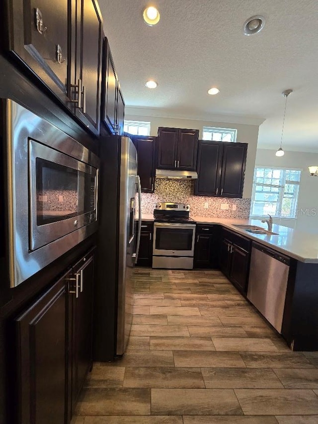 kitchen featuring sink, hanging light fixtures, light wood-type flooring, stainless steel appliances, and decorative backsplash