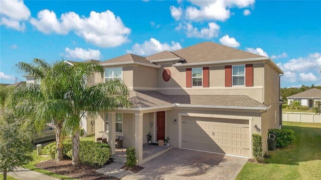 view of front of house with a garage and a front lawn