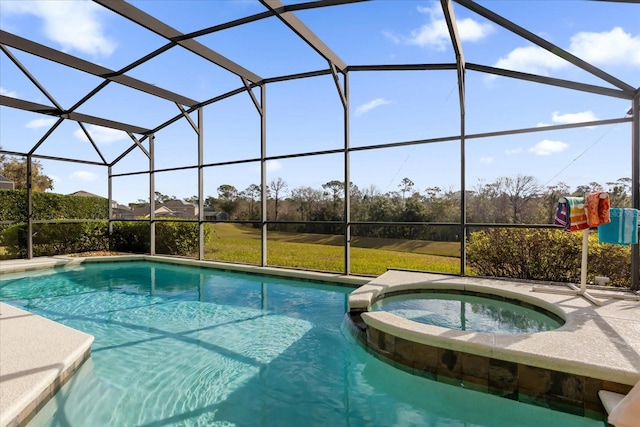 view of swimming pool with an in ground hot tub and glass enclosure