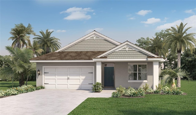 view of front of property with a front yard and a garage