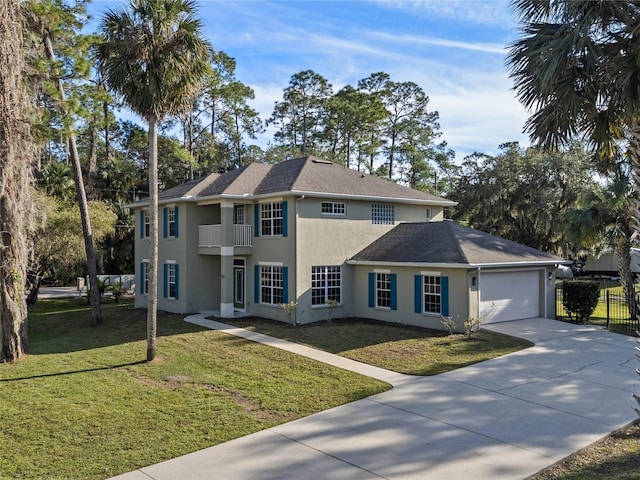 view of front of home with driveway, an attached garage, fence, a front yard, and stucco siding