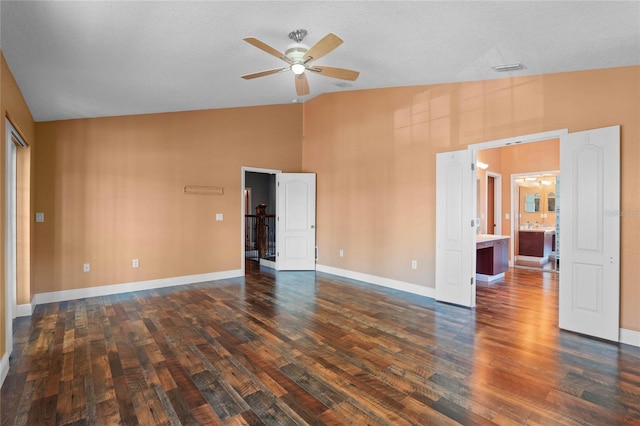 unfurnished room featuring high vaulted ceiling, a ceiling fan, baseboards, and dark wood-type flooring