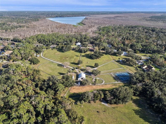 drone / aerial view with a water view and a forest view