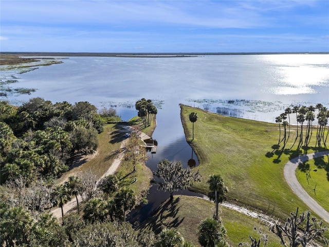 drone / aerial view featuring a water view