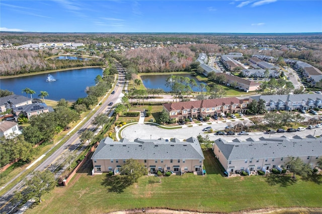 drone / aerial view with a water view