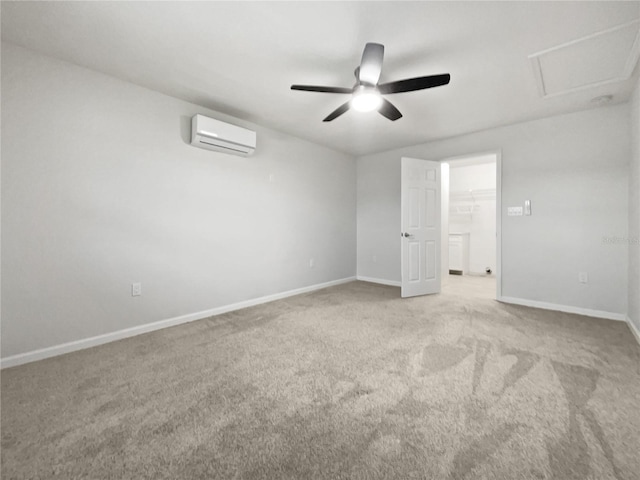 carpeted empty room with an AC wall unit and ceiling fan