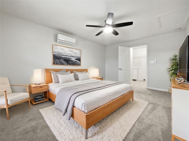 carpeted bedroom featuring ceiling fan and a wall unit AC