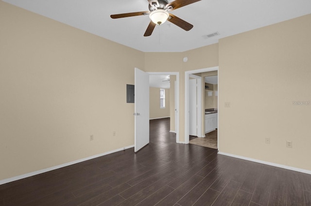 empty room featuring ceiling fan, dark wood-type flooring, and electric panel