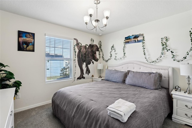 carpeted bedroom with an inviting chandelier