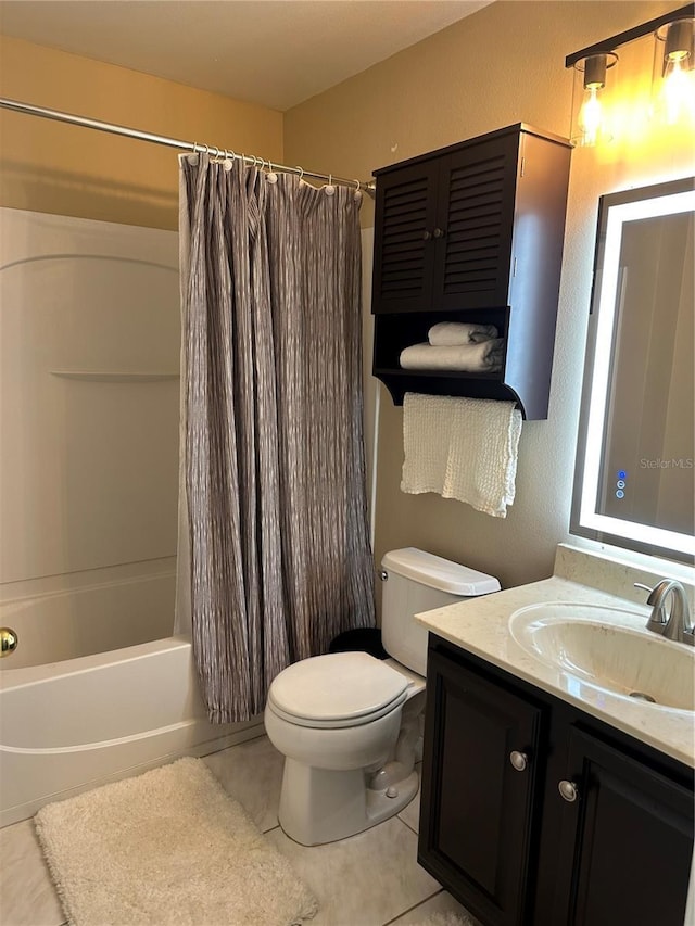 full bathroom with vanity, toilet, shower / bath combination with curtain, and tile patterned floors