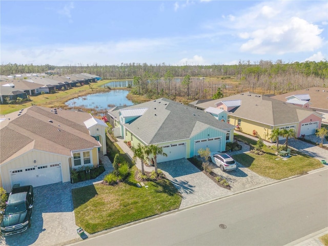 drone / aerial view featuring a water view