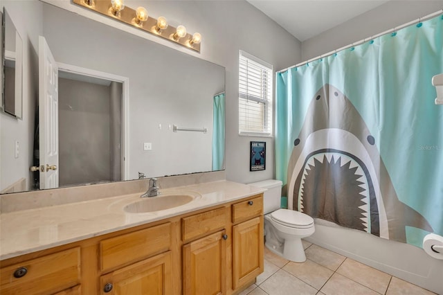 full bathroom with toilet, shower / bathtub combination with curtain, tile patterned floors, and vanity