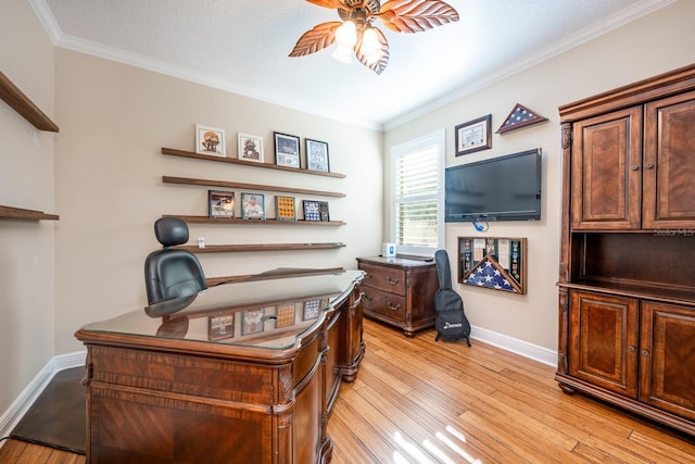 office area featuring crown molding, light hardwood / wood-style floors, ceiling fan, and a textured ceiling