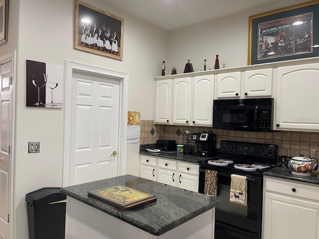 kitchen with decorative backsplash, black appliances, white cabinets, and a kitchen island