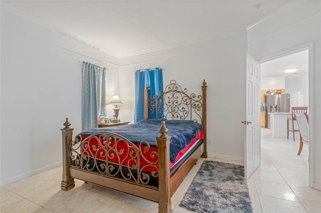 tiled bedroom with crown molding and stainless steel fridge with ice dispenser