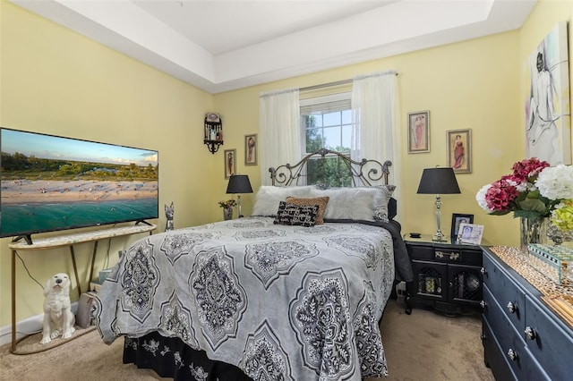 bedroom with a raised ceiling and carpet floors