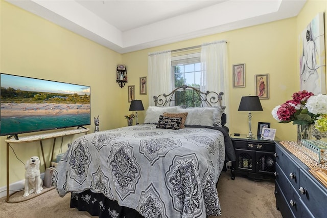 bedroom featuring carpet flooring and a raised ceiling