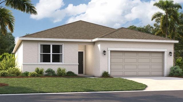 ranch-style home featuring a front yard and a garage