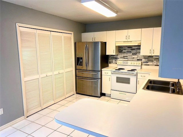 kitchen featuring white cabinetry, sink, light tile patterned floors, stainless steel fridge with ice dispenser, and electric stove