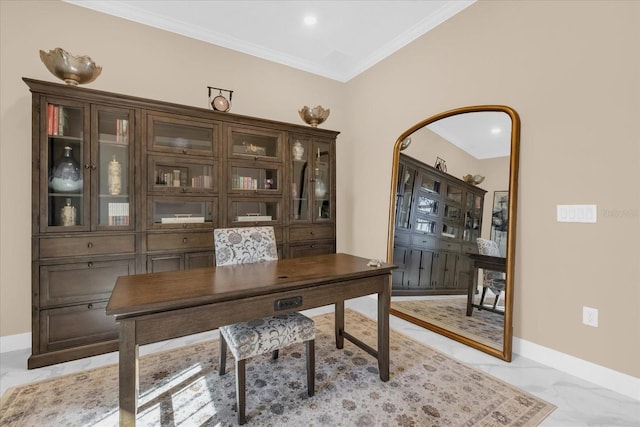 home office with ornamental molding