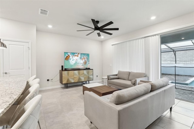 living room featuring ceiling fan