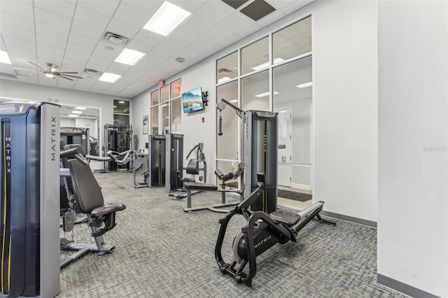 exercise room with ceiling fan, a paneled ceiling, and carpet flooring