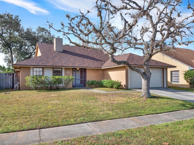 single story home featuring a front yard and a garage