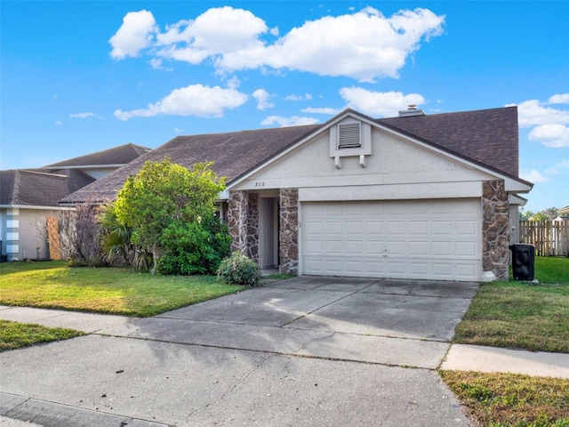 ranch-style house featuring a garage and a front yard