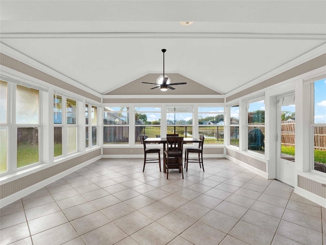 unfurnished sunroom featuring lofted ceiling and ceiling fan