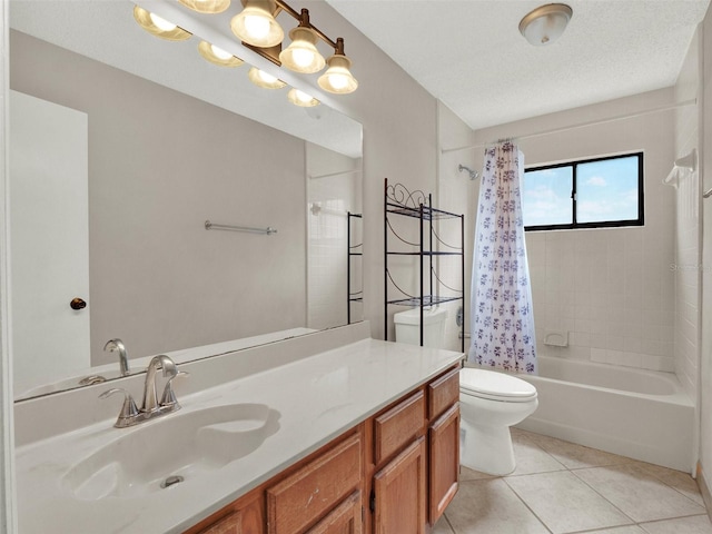 full bathroom with toilet, vanity, tile patterned flooring, shower / tub combo, and a textured ceiling