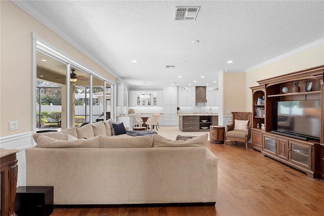 living room featuring sink, light hardwood / wood-style flooring, ornamental molding, and a textured ceiling