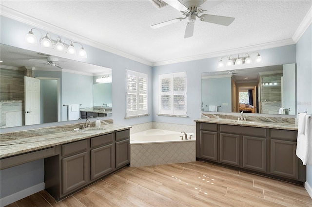 bathroom with crown molding, vanity, and a textured ceiling