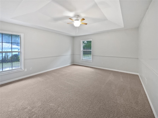 spare room featuring carpet flooring, ceiling fan, and a raised ceiling