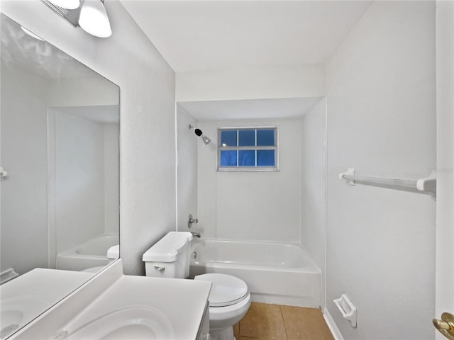 full bathroom with tub / shower combination, toilet, tile patterned flooring, and vanity