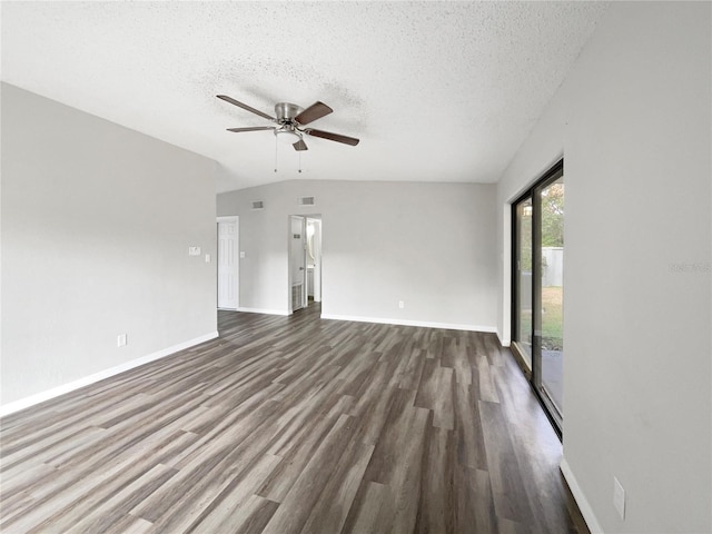 unfurnished living room featuring ceiling fan, a textured ceiling, dark hardwood / wood-style floors, and lofted ceiling