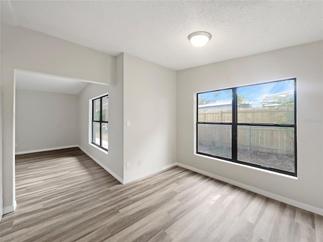 unfurnished room featuring light hardwood / wood-style floors, a textured ceiling, and a healthy amount of sunlight