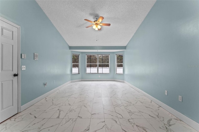 unfurnished room with a textured ceiling and ceiling fan