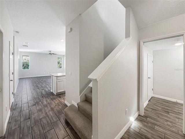 stairs featuring ceiling fan