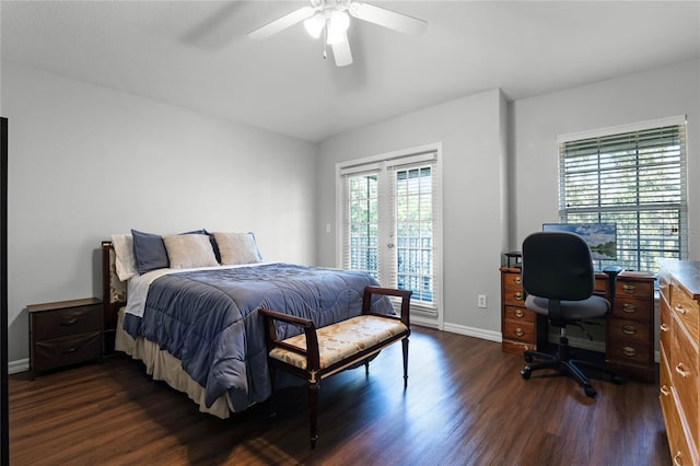 bedroom featuring ceiling fan, access to outside, and dark wood-type flooring