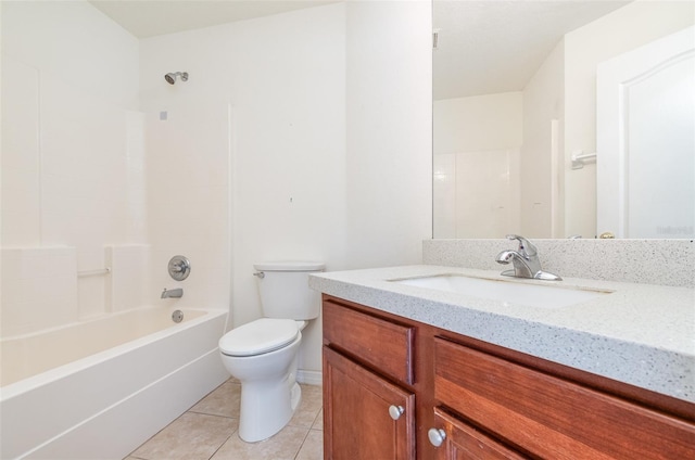 full bathroom with shower / tub combination, tile patterned floors, toilet, and vanity