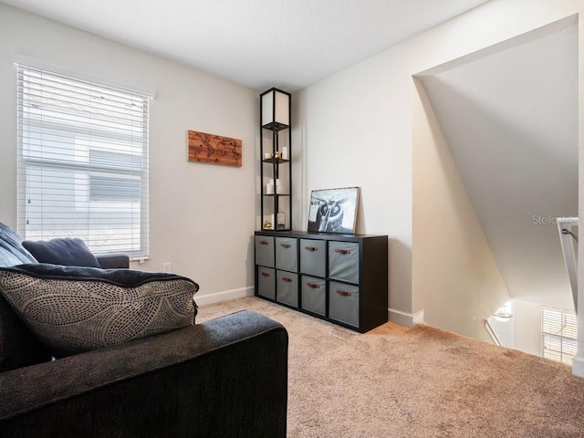 sitting room with light colored carpet