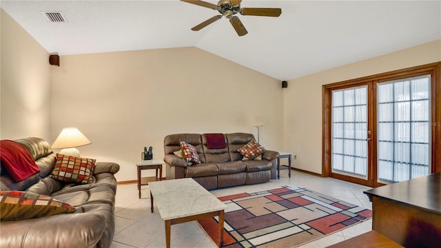 living room featuring ceiling fan, light tile patterned flooring, lofted ceiling, and french doors