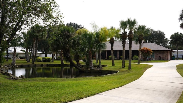 view of community with a water view and a yard