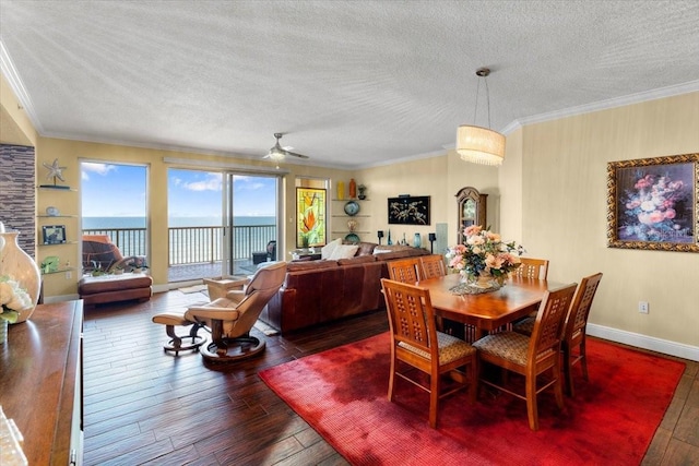 dining area with crown molding, dark hardwood / wood-style floors, a textured ceiling, and a water view