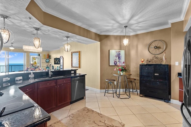 kitchen with sink, decorative light fixtures, ornamental molding, and dishwasher