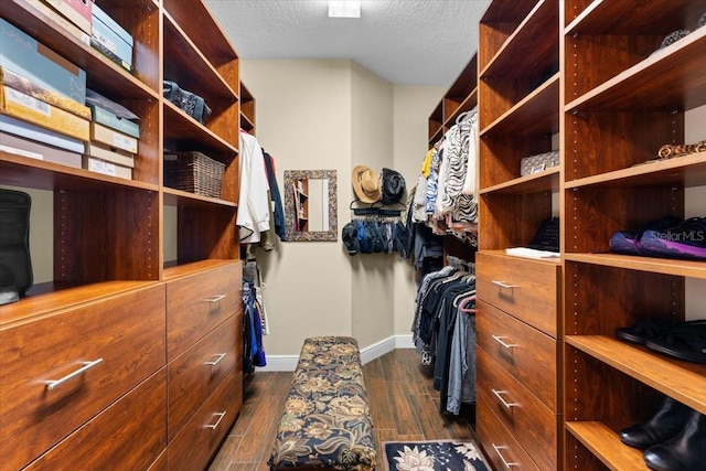 walk in closet featuring dark wood-type flooring